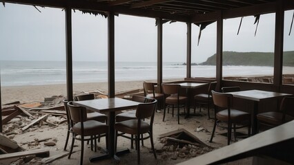 Destroyed beachfront restaurant after storm, illustrating destruction of coastal buildings