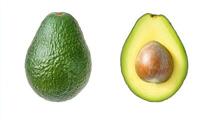 Ripe Avocado Whole and Halved on White Background