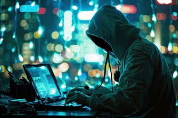 A mysterious figure wearing a hoodie and mask sits in a dimly lit room, intensely focused on a laptop screen, suggesting clandestine online activity during the evening
