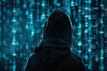 A person in a hoodie sits at a desk surrounded by glowing screens, engaged in coding or hacking activities in a dark, high-tech environment at night