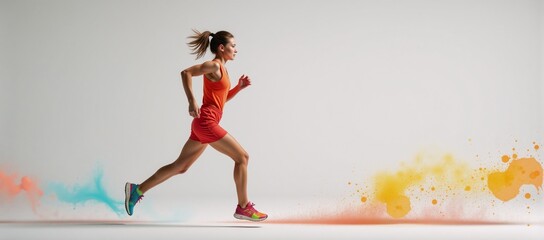 Woman runner depicted in an abstract colorful silhouette against a stark white background