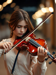 Fototapeta premium A young woman is playing the violin in a dimly lit room