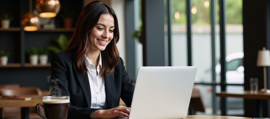 Fototapeta premium A beaming confident successful young Latina entrepreneur works at her laptop in a cozy cafbar environment while managing her small business remotely