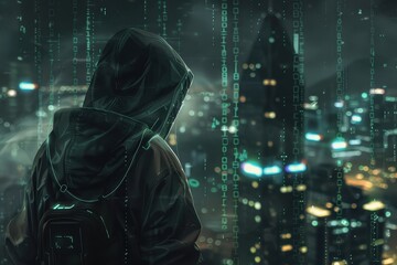 A hooded figure gazes over a vibrant cityscape at night, surrounded by digital elements and illuminated skyscrapers reflecting an atmosphere of technology and mystery
