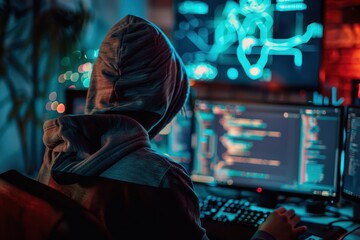 A hooded figure gazes over a vibrant cityscape at night, surrounded by digital elements and illuminated skyscrapers reflecting an atmosphere of technology and mystery