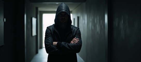Man in hooded jacket appears in dimly lit corridor