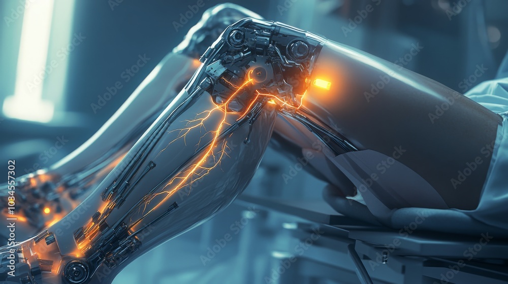 Poster a close-up shot of a futuristic robotic leg with glowing wires, sitting in a medical chair. the leg 