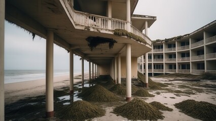 Ruined beachfront resort covered in debris, showcasing destruction of coastal buildings