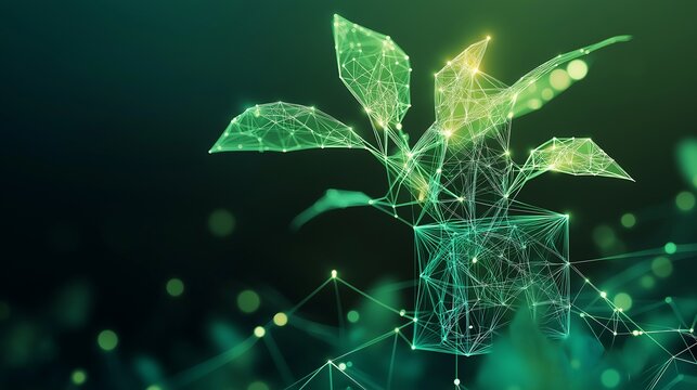 holographic green plant made of lines and nodes, holding a box on its leaves - Powered by Adobe