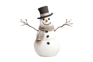 Cheerful snowman with a hat and scarf, Transparent background.