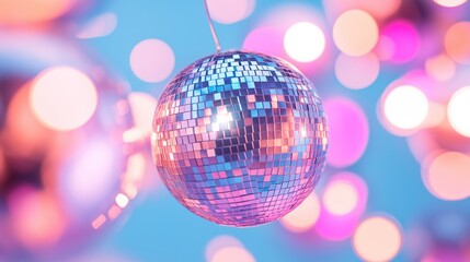 Obraz premium Shimmering disco ball reflecting colorful lights during a lively party atmosphere at night.