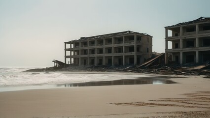 Ruined beachfront buildings after storm, illustrating destruction of coastal structures