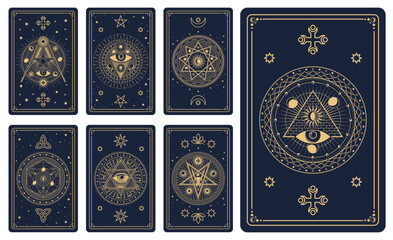 Mystic tarot cards with vector line celestial frames and magic esoteric pattern. Vintage Moon, Sun and stars with hexagram, eye of providence, skull and pentacle occult symbols, tarot cards back set