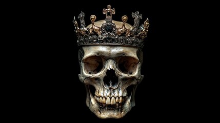 A single, frontal image of a monarch's skull with a golden crown on a pitch-black backdrop. 