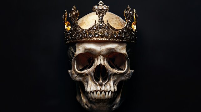 A single, frontal image of a monarch's skull with a golden crown on a pitch-black backdrop. 