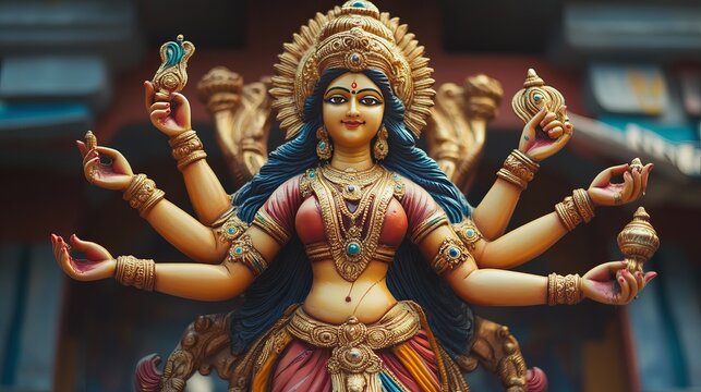 Durga maa, Goddess Durga idol at the beautifully decked Navratri festival pandal, happy dussehra, happy navaratri.