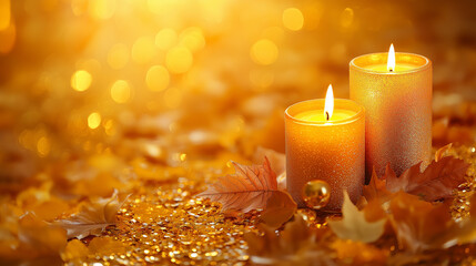 Elegant thanksgiving candle arrangement with golden leaves and pinecones, festive fall holiday decoration, cozy and warm background for seasonal celebrations, copy space