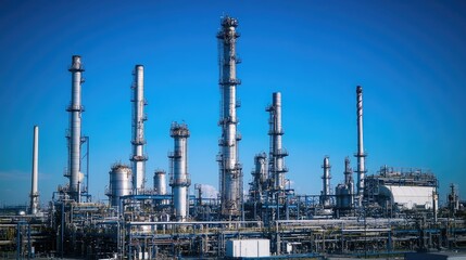 Industrial Facility with Tall Smoke Stacks Under Blue Sky