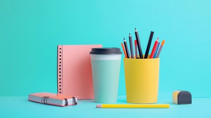 Obraz premium Blue background notebooks with markers and coffee.