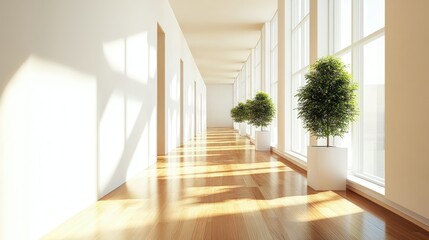 Fototapeta premium Bright and Airy Hallway with Potted Plants