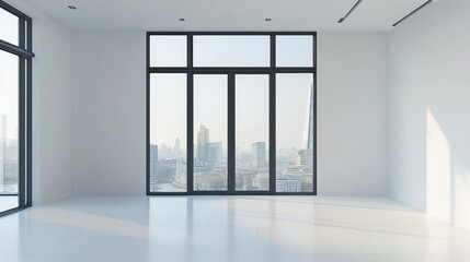 Modern Empty Room with City View Through Large Windows