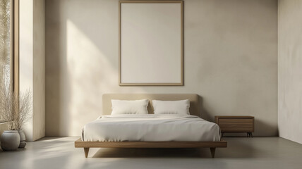 Modern style bedroom interior with a beige bed and a mock up frame for wall decoration