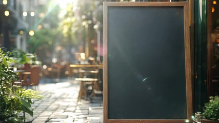 The sign of a restaurant is a blank blackboard near the entrance. The menu of a cafe is displayed on the street. A mockup of a whiteboard sign outside a restaurant is seen on the left. Video