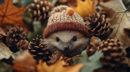 Obraz premium Hedgehog wearing a tiny beanie hat, surrounded by miniature pinecones and leaves, showcasing a cozy, woodland style
