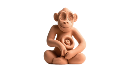 Clay monkey sculpture with spiral design, transparent background