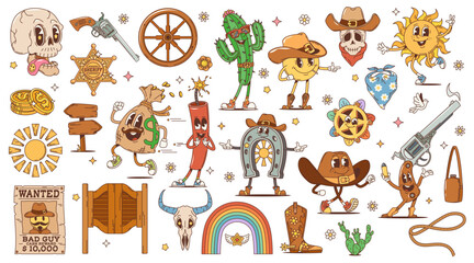 Cartoon retro Western groovy characters. Wild West hippie personages and symbols. Vector cowboy hat, boots, sheriff gun and star, Texas sun, cactus and bull skull, saloon door and wanted poster