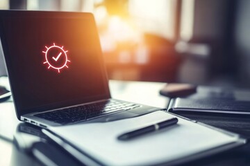 Modern Workspace with Laptop and Sunrise Atmosphere