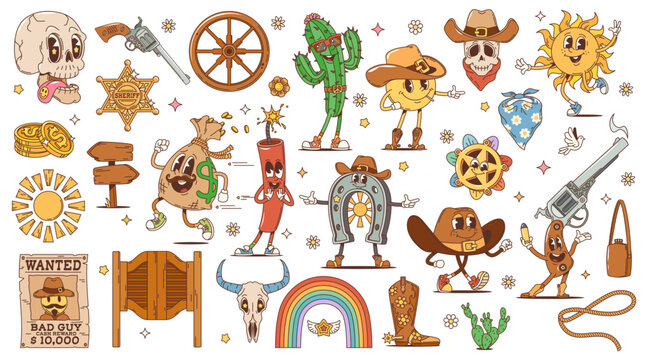Cartoon retro Western groovy characters. Wild West hippie personages and symbols. Vector cowboy hat, boots, sheriff gun and star, Texas sun, cactus and bull skull, saloon door and wanted poster