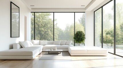 Fototapeta premium Modern bright living room with large windows