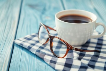 Coffee Cup and Glasses on Blue Wooden Table with Checkered Cloth