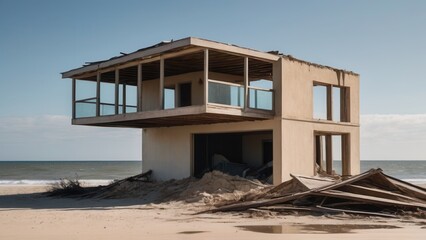 Destroyed beachfront house after storm, illustrating destruction of coastal buildings