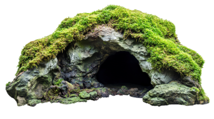Moss-covered cave entrance on a white isolated background. transparent background