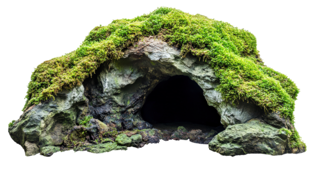 Moss-covered cave entrance on a white isolated background. transparent background