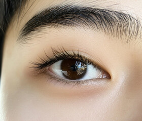 Obraz premium a phone photo of an Asian boy's eye, with black eyeliner and long brown lashes. There’s some light reflecting on one side of her eyebrow which gives it that subtle shadowing effect