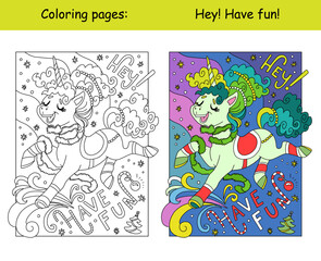 Kids coloring and color sample cute winter unicorn vector