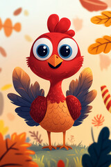 Cute cartoon turkey character with large eyes and colorful feathers, thanksgiving holiday mascot, festive fall background with copy space for holiday cards or invitations