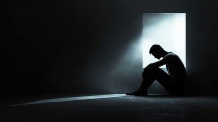 Lonely Person Sitting in Dark Room with Light from Window, Depression, Mental Health