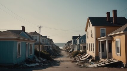Storm-ravaged homes in a coastal area, highlighting destruction of coastal buildings