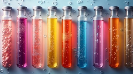A row of ten glass test tubes filled with colorful liquids, with small bubbles floating around them.