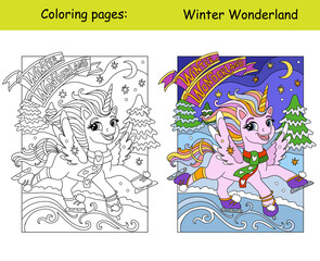 Kids coloring and color sample cute skating unicorn vector