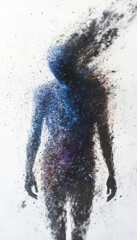 Conceptual art of a human figure dissolving into pixels or dust