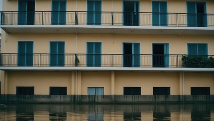 Obraz premium Flooded coastal apartments, illustrating destruction of coastal buildings after storm