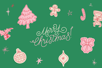 Vector whimsical christmas line illustrations, merry christmas and festive vibes,  line shapes and forms, icons and design elements in line style