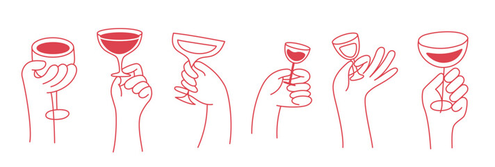 Vector simple minimal linear style illustration with cartoon hands holding wine glasses, celebration and party vibe, invitation design element, banner, template