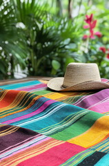 Mexican hat, sombrero on traditional colorful poncho, striped carpet on plant background. Vertical template for holidays, festivals and events with place for text in spanish style