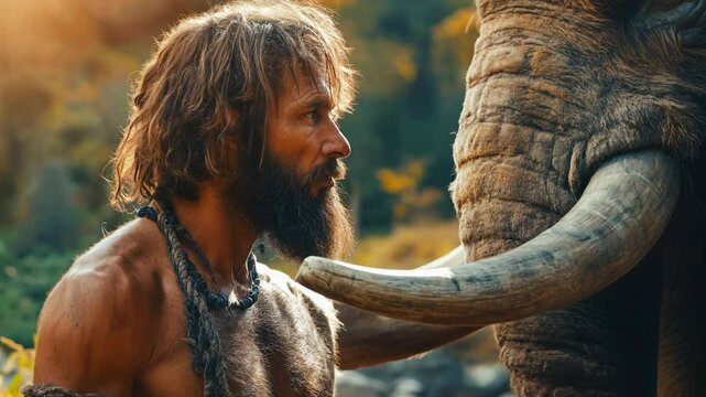Neanderthal man watches woolly mammoth, strong primitive bearded human hunts animal, caveman of prehistoric era outdoor. Concept of Homo Sapiens, ancient people, Stone Age Video